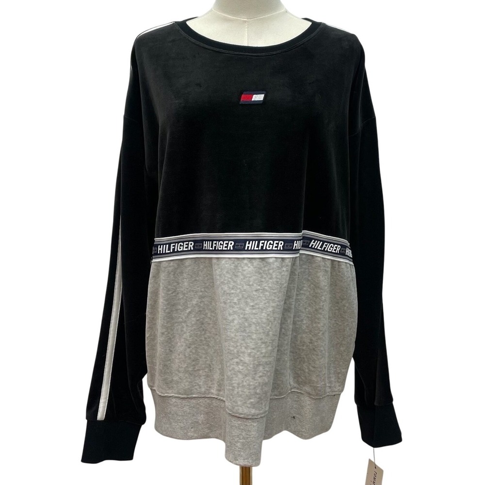 Tommy Hilfiger Velour Sweatshirt‎ Womens L Black Grey Logo Tape Colorblock NWT
